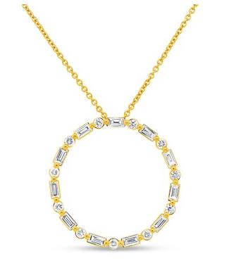Yellow Gold 3/4ctw Diamond Baguette and Round Circle Pendant Necklace l Uneek