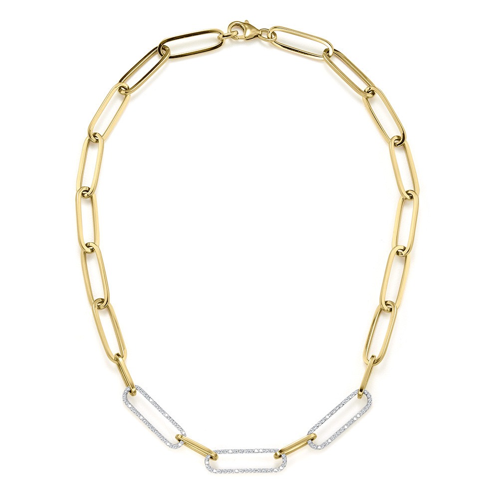 Yellow Gold 1ctw Triple Diamond and Gold Link Necklace