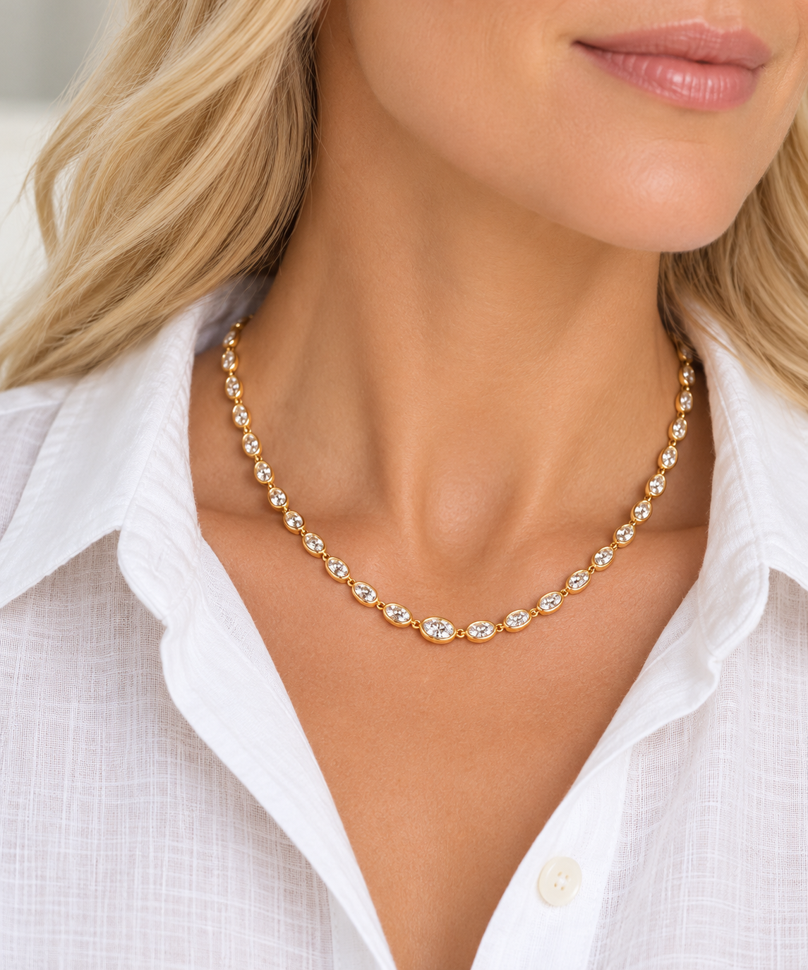 Yellow Gold Bezel-Set 4 1/2ctw Oval Diamond Station Necklace l 18 inches