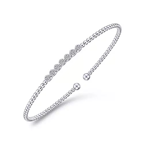 White Gold Bead Cuff Bracelet with Cluster Diamond Stations