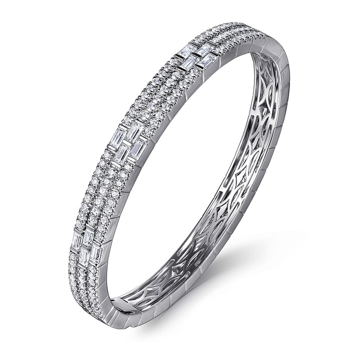 2 1/2ctw Baguette and Round Diamond White Gold Bangle Bracelet l 6 1/2 inches