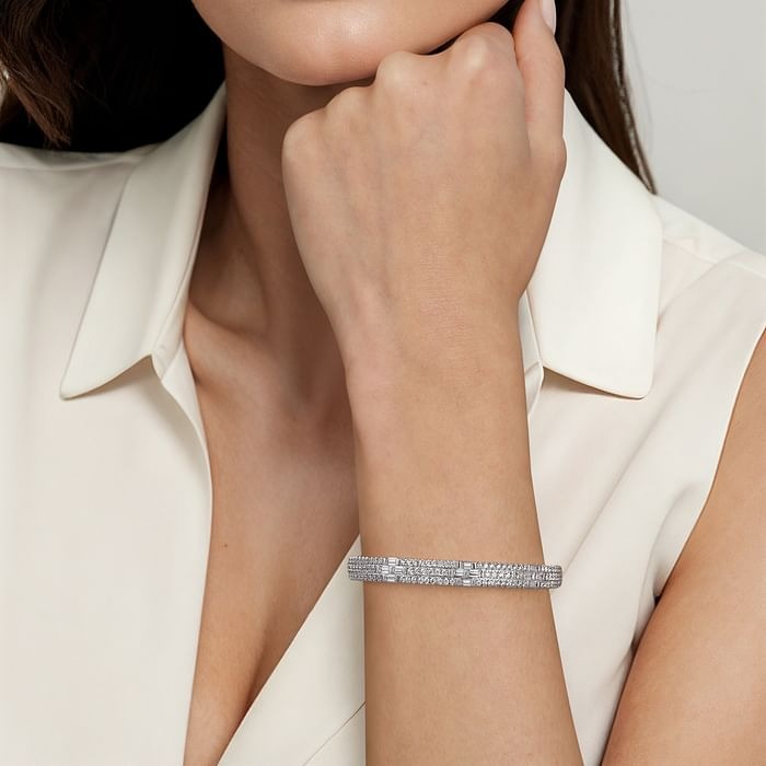 2 1/2ctw Baguette and Round Diamond White Gold Bangle Bracelet l 6 1/2 inches