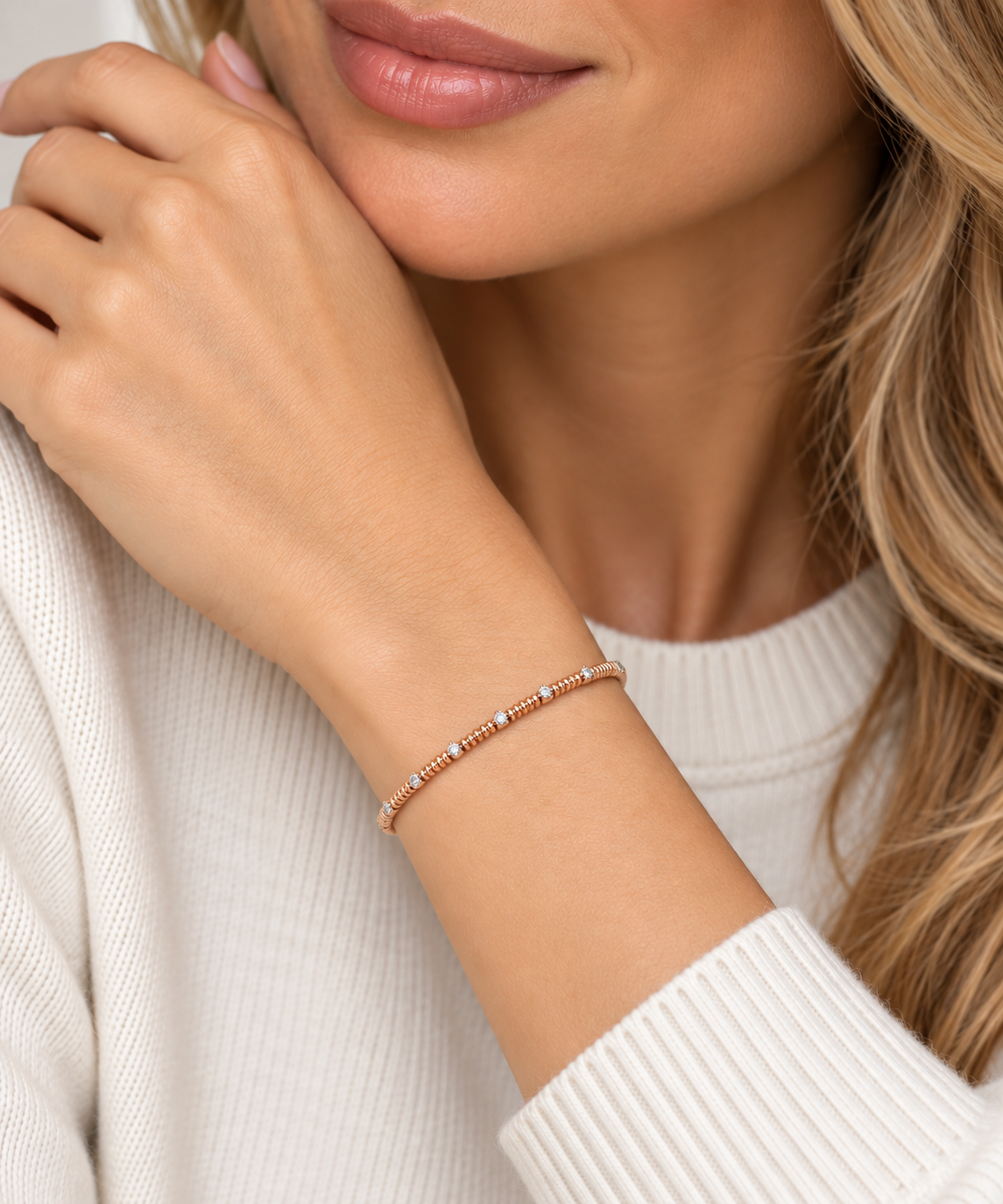 Rose Gold 1/5ctw Diamond Station Flex Bangle Bracelet l 6.75 inches