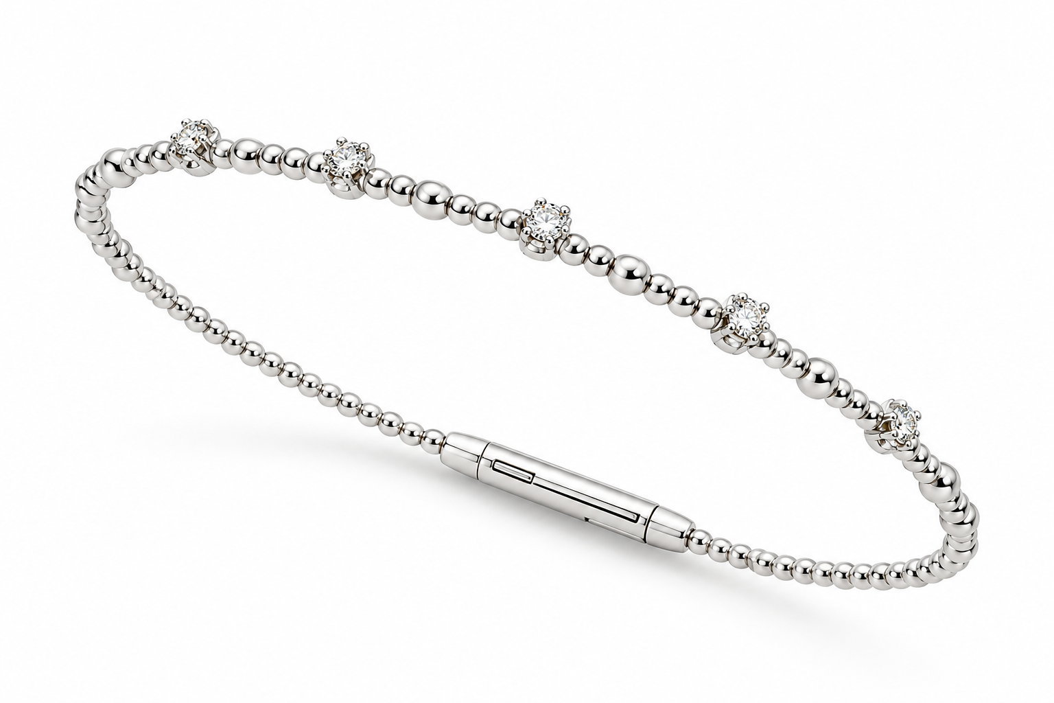1/5ctw Diamond Station Beaded Flex Bangle Bracelet in 14k White Gold l 6.75 inches