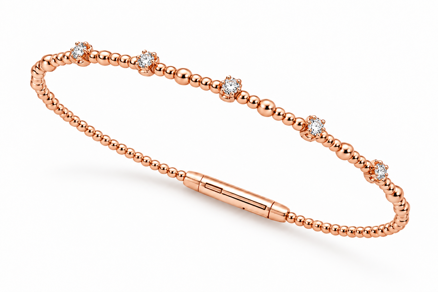 1/5ctw Diamond Station Beaded Flex Bangle Bracelet in 14k Rose Gold l 6.75 inches