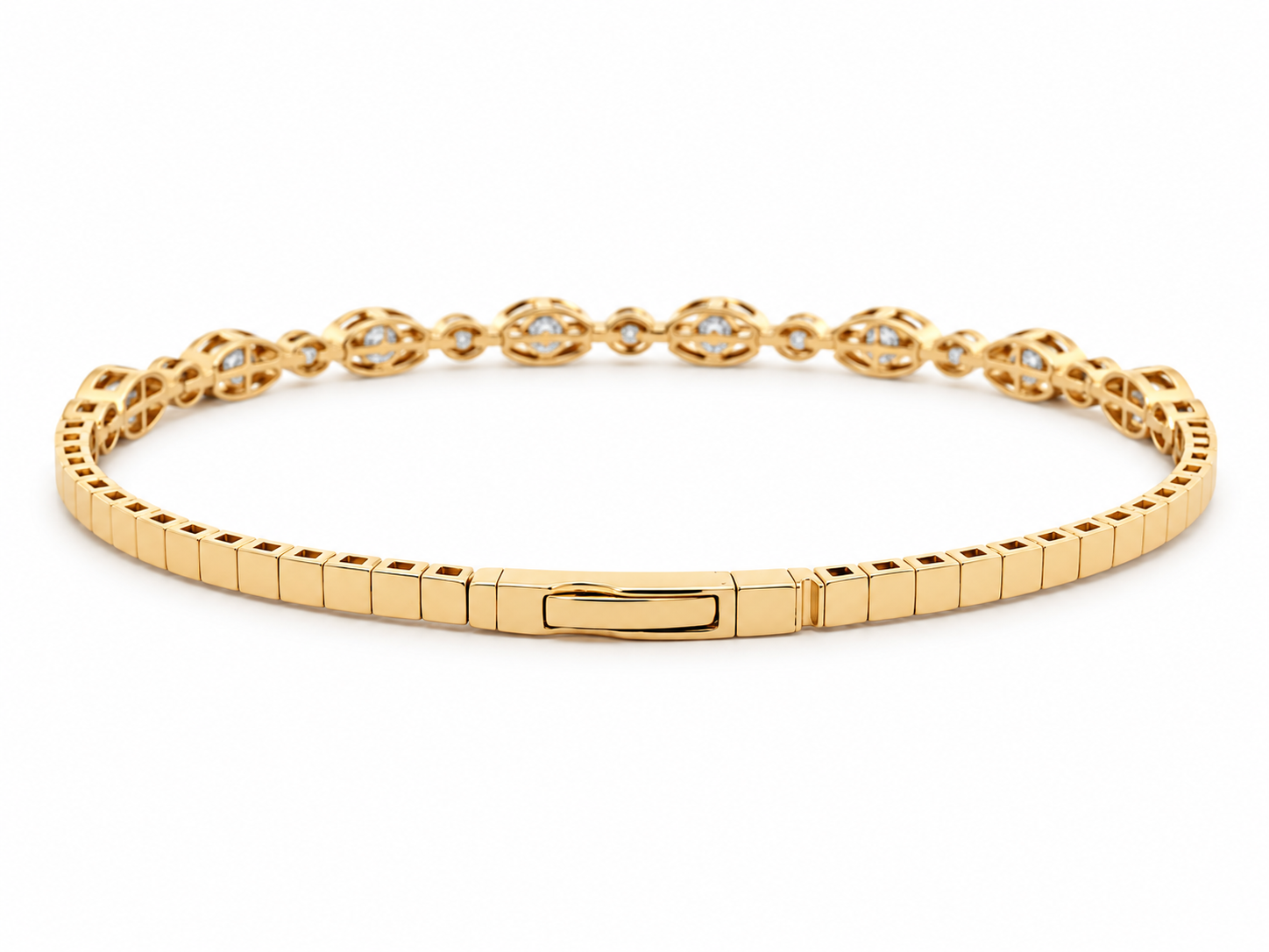 Yellow Gold 4ctw Diamond Bracelet with Alternating Oval and Round Diamonds l 6.75 inches