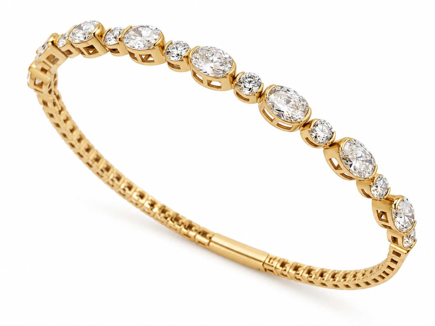Yellow Gold 4ctw Diamond Bracelet with Alternating Oval and Round Diamonds l 6.75 inches
