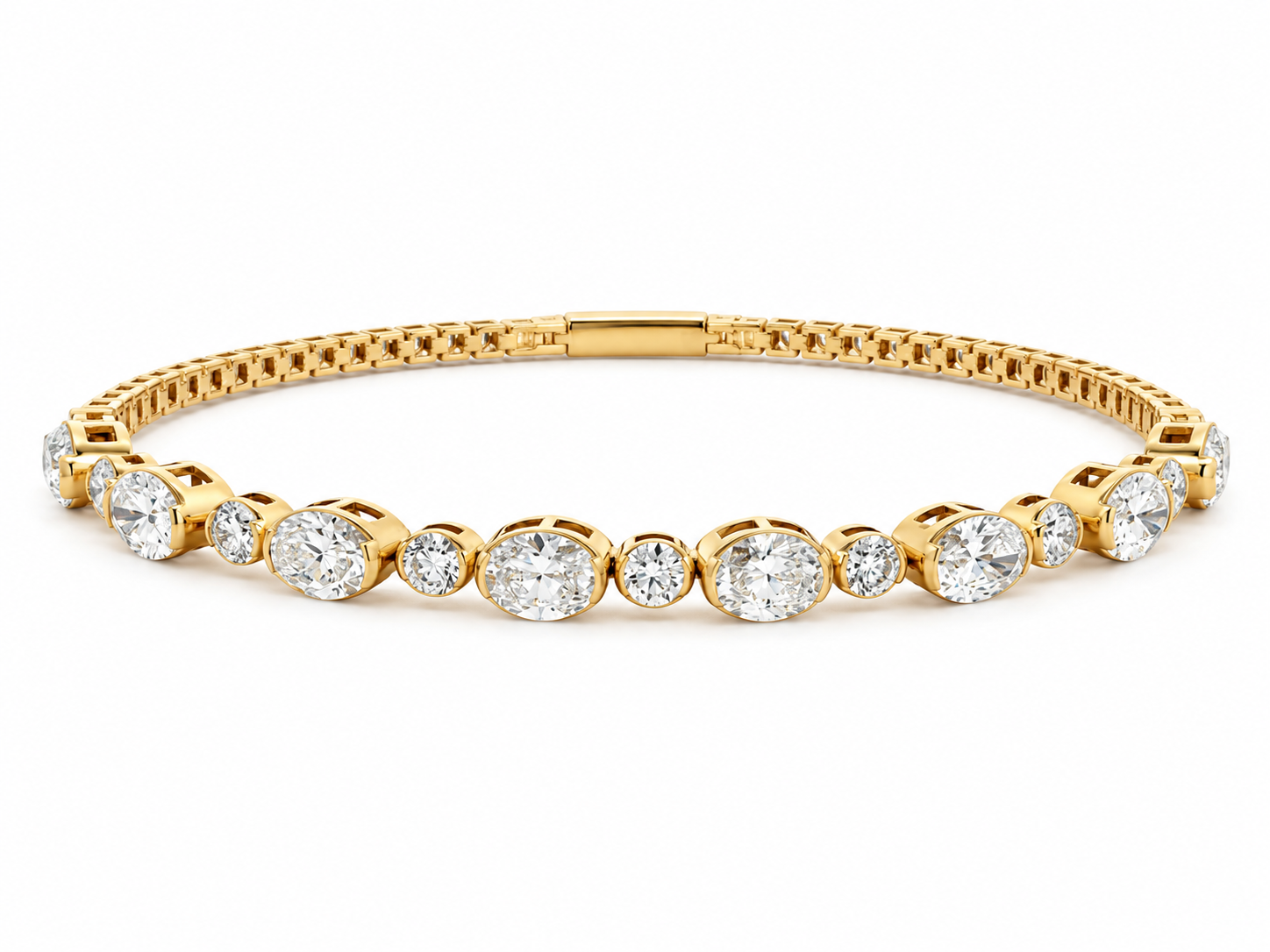 Yellow Gold 4ctw Diamond Bracelet with Alternating Oval and Round Diamonds l 6.75 inches