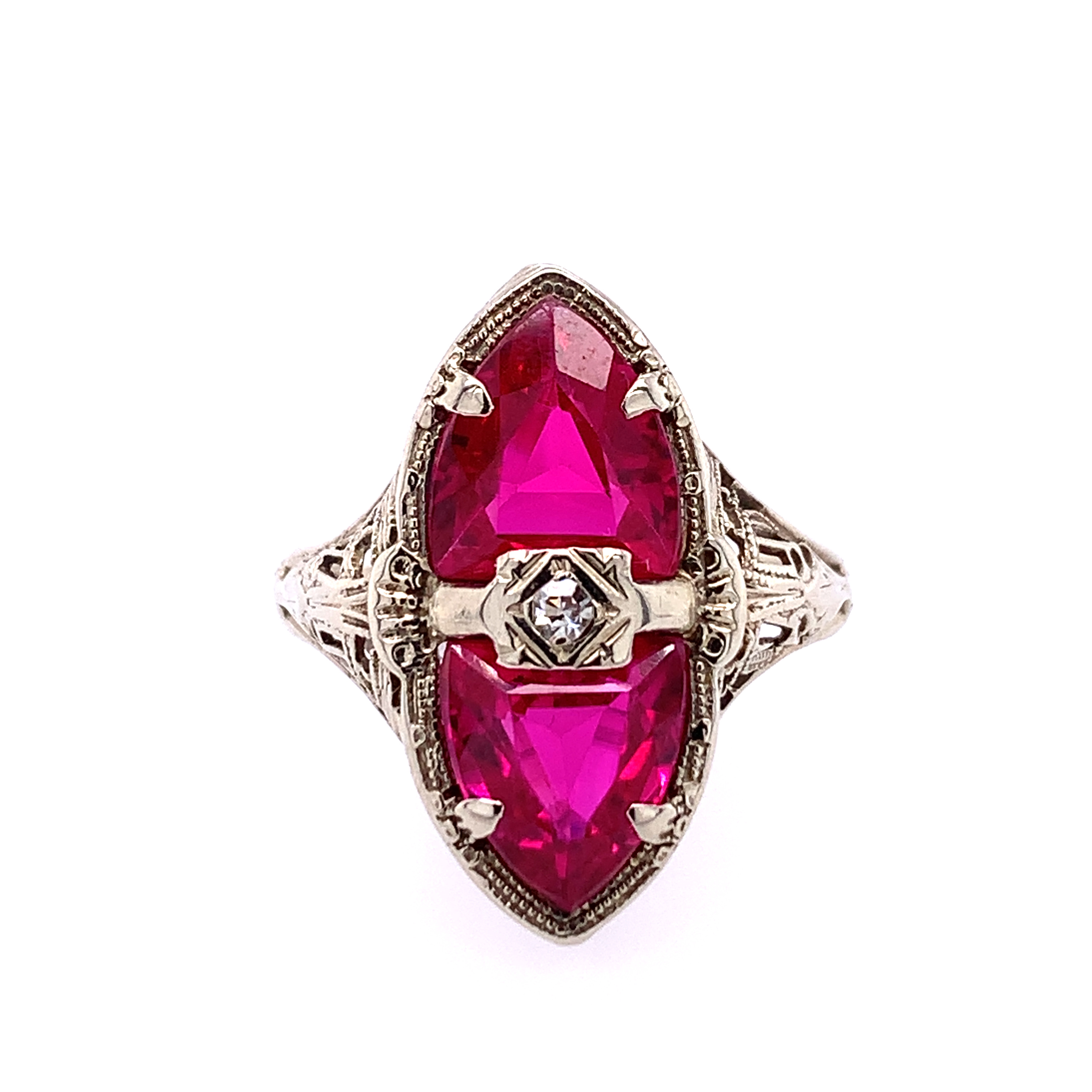 Vintage 14K Gold Synthetic Ruby Diamond Ring