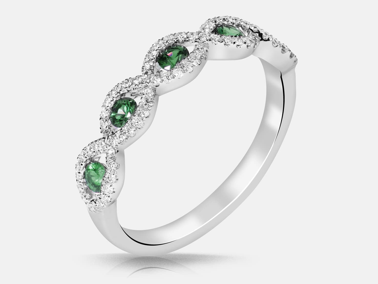 CZSS/YGP Naledi .42ctw N0136FBE Dana 5 stone shiled shaped halo diamond band w/emeralds