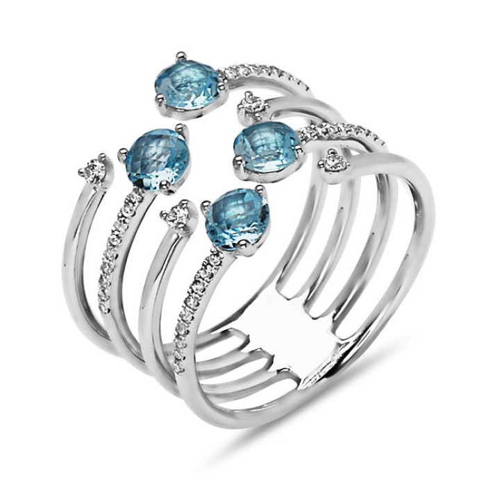 White Gold Blue Topaz and 1/5ctw Diamond Open Cage Ring