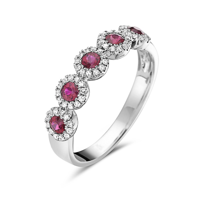 Whte Gold Ruby and 1/5ctw Diamond Halo Five Stone Ring Band