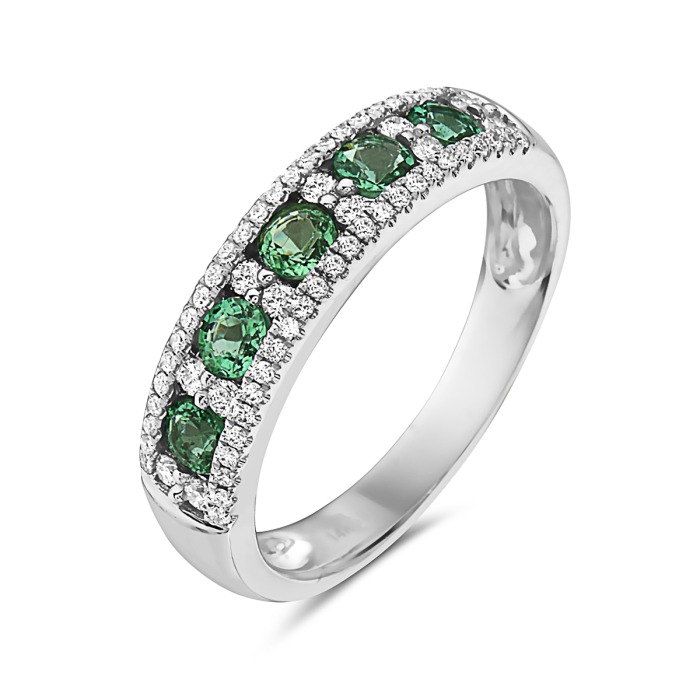 White Gold 1/3ctw Diamond and Emerald Five Stone Ring Band