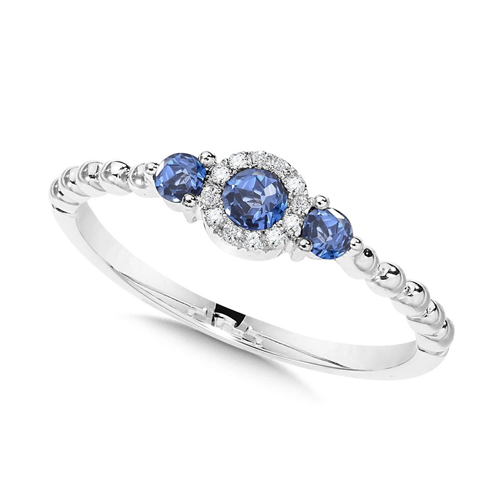 White Gold 3-Stone Sapphire and 1/20ctw Diamond Halo Ring