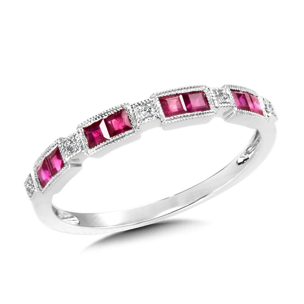 White Gold Diamond and Ruby Vintage Milgrain-Beaded Stackable Band