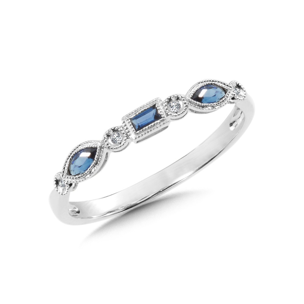 White Gold Diamond and Sapphire Milgrain Beaded Stackable Band