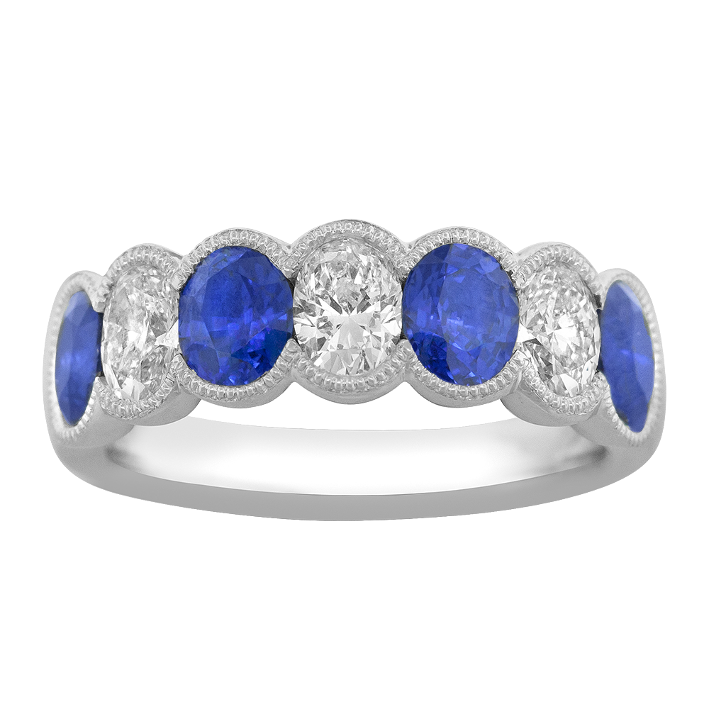 Blue Sapphire and 3/4ctw Diamond Milgrain Bezel-Set Platinum Band