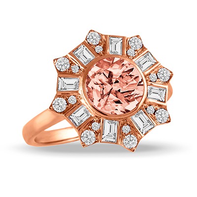 Rose Gold 7/10ctw Baguette and Round Diamond Halo Ring with Morganite l Little Bird