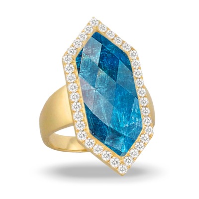 Yellow Gold 3/4ctw Diamond Halo and Apatite Laguna Ring l DOVES