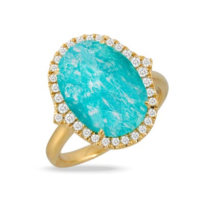 Yellow Gold 3/10ctw Diamond Halo Amazonite Oval shaped Ring l DOVES