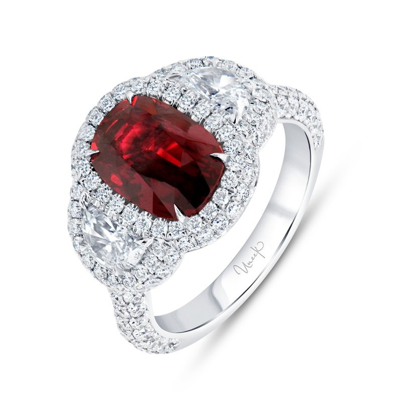 Platinum Ruby and Diamond Halo Three-Stone Ring