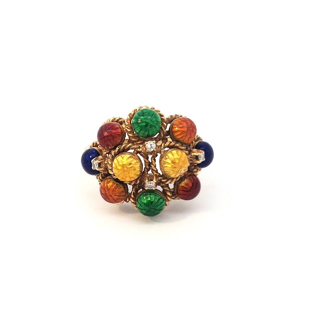 Yellow Gold Diamond and Multi color Enamel Ring l Pre-Owned