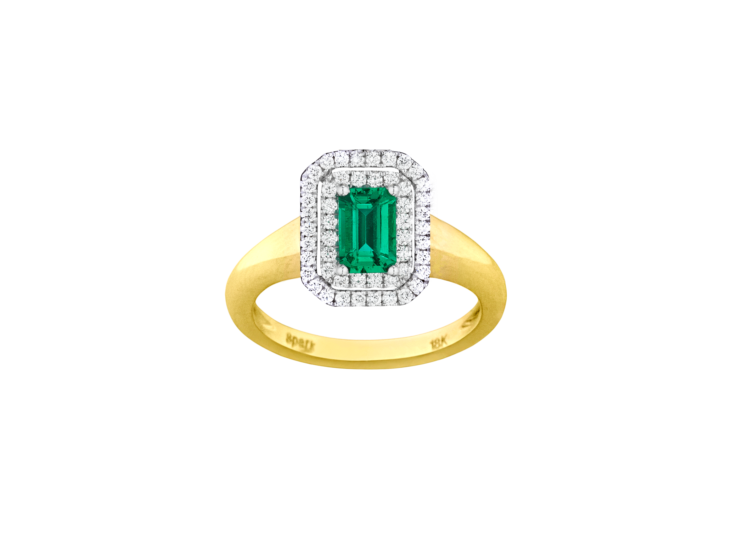 Emerald and Diamond Double Halo Two-Tone Ring
