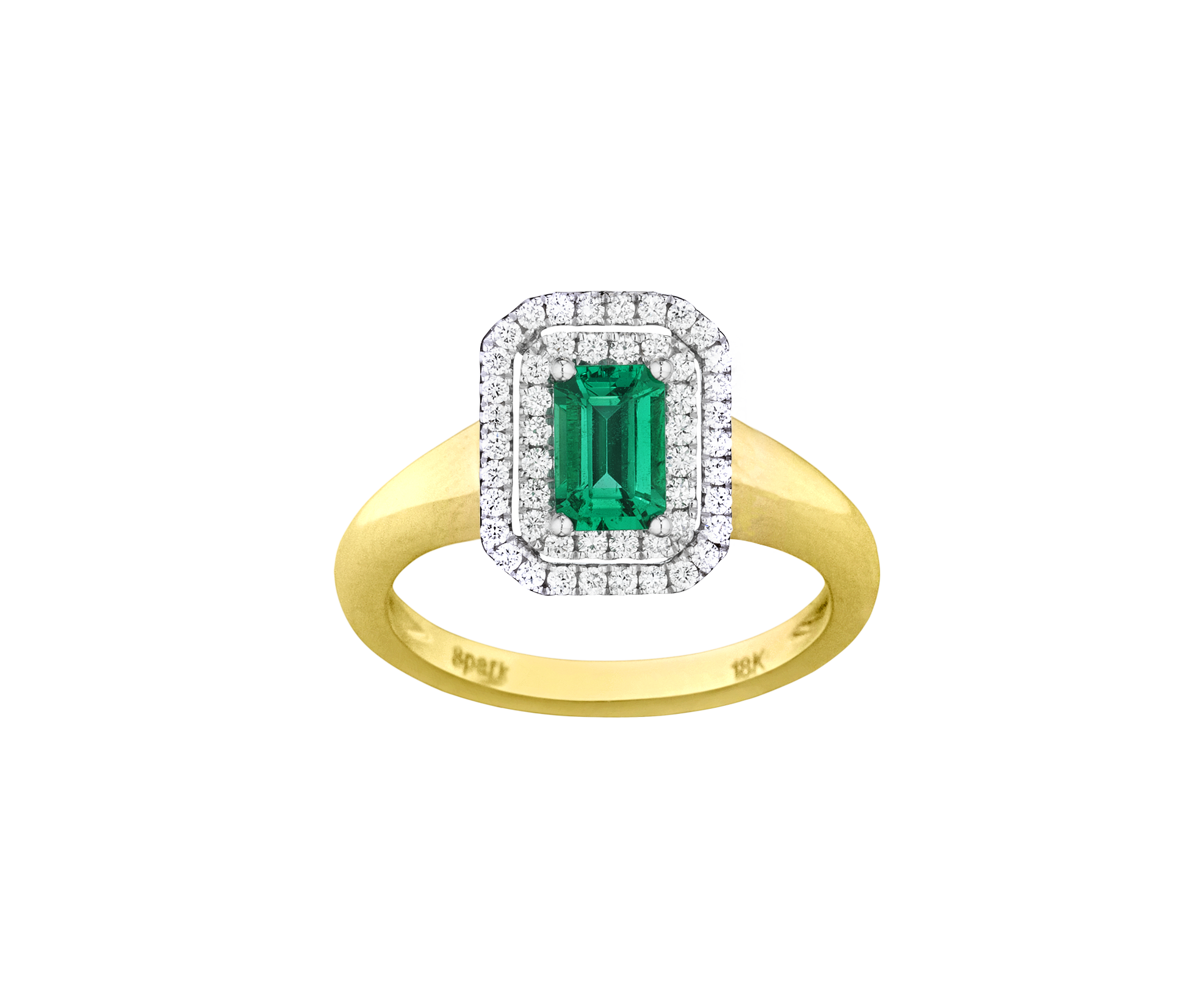 Emerald and Diamond Double Halo Two-Tone Ring