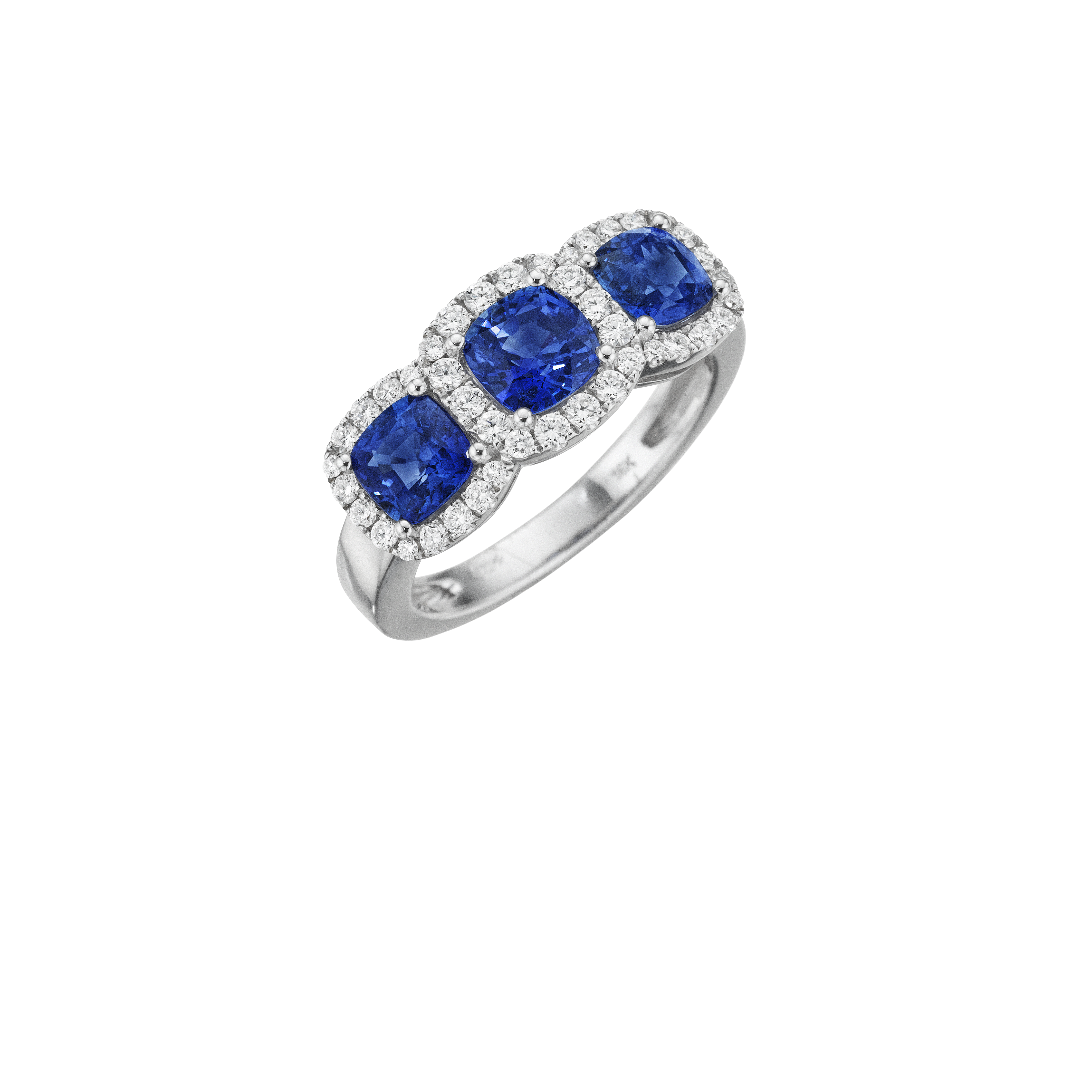 White Gold Sapphire and Diamond Cushion-shaped Halo Ring