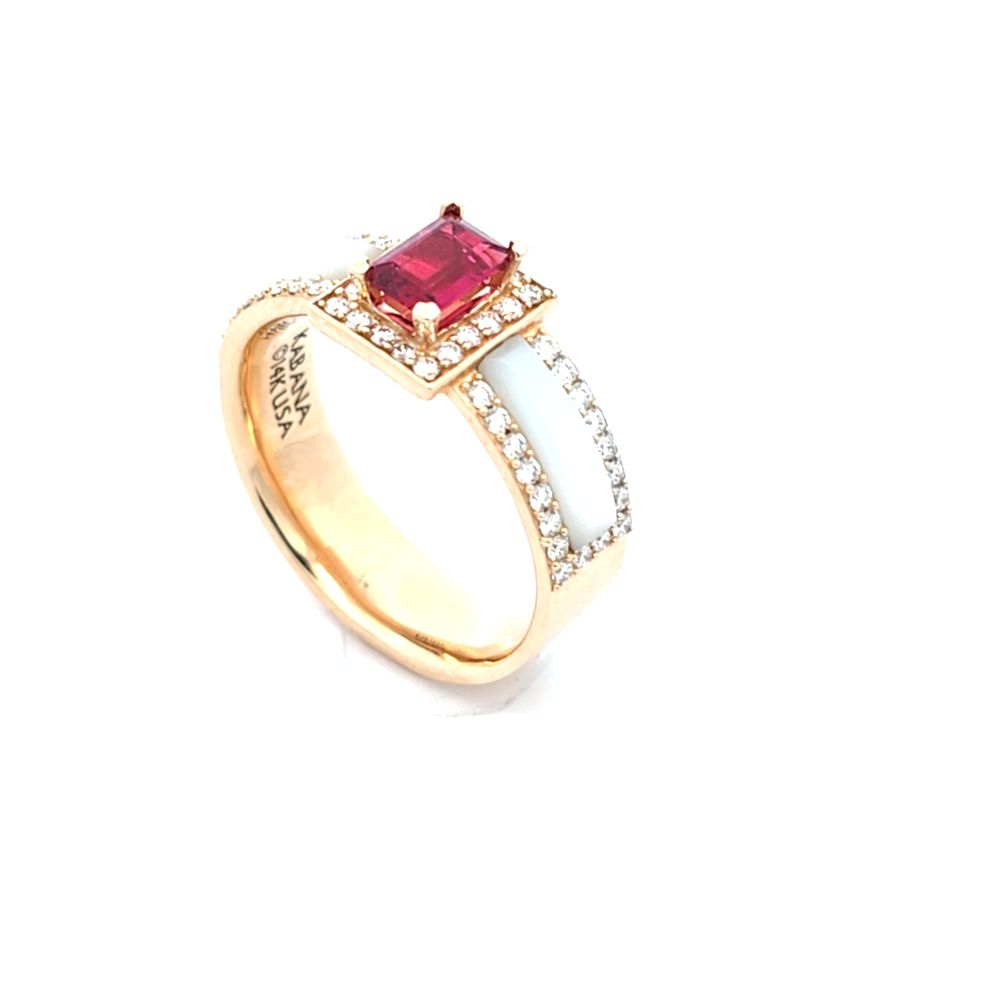 KABANA Rubelite and 1/2ctw Diamond Yellow Gold Mother of Pearl Ring