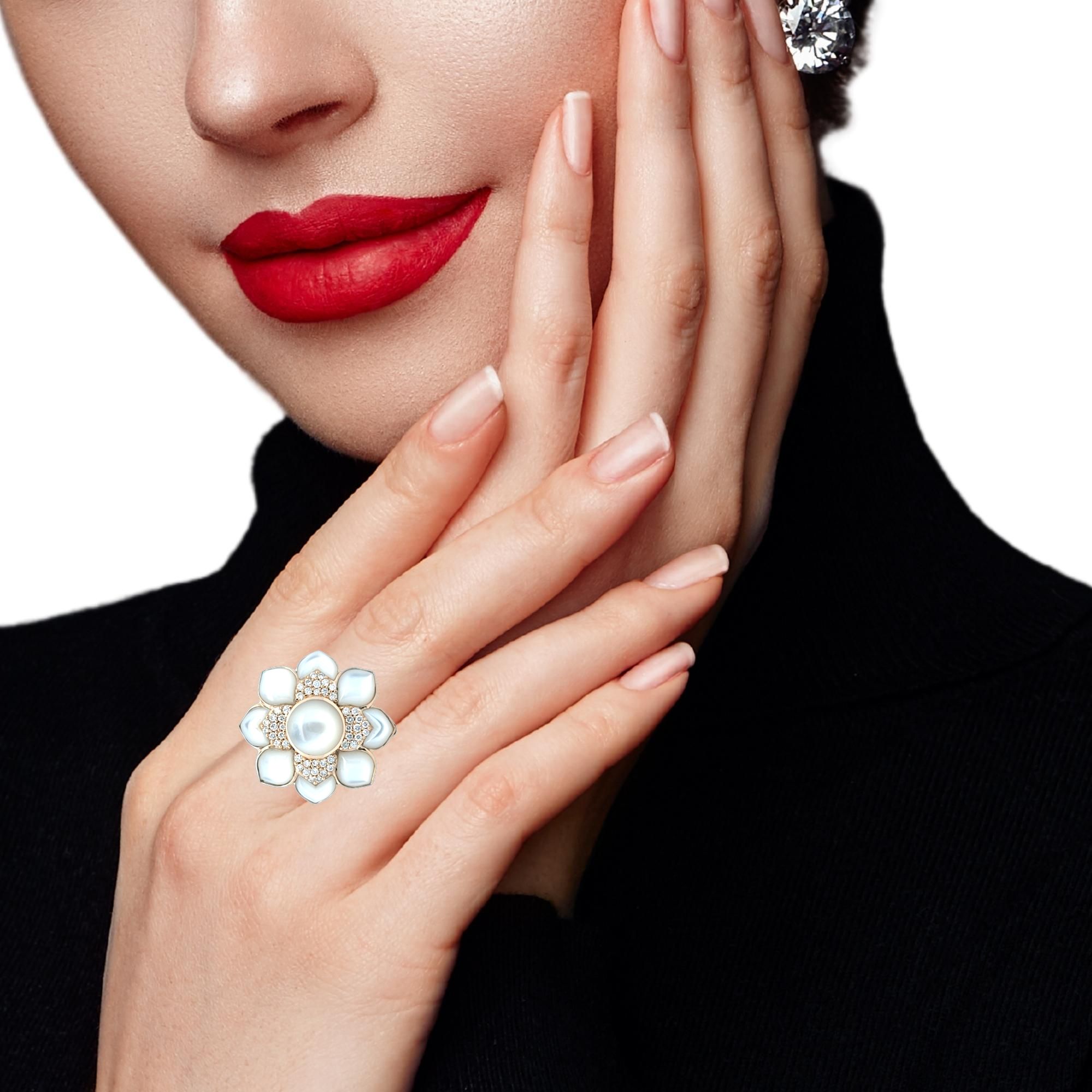 KABANA Mother of Pearl and 1/3ctw Diamond Yellow Gold Flower Ring