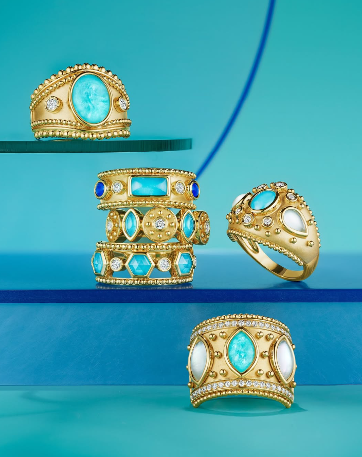DOVES Justinian 1/3ctw Diamond with Amazonite and Mother of Pearl Yellow Gold Wide Band Ring