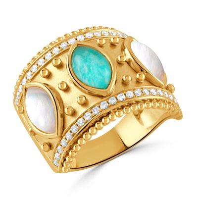 DOVES Justinian 1/3ctw Diamond with Amazonite and Mother of Pearl Yellow Gold Wide Band Ring