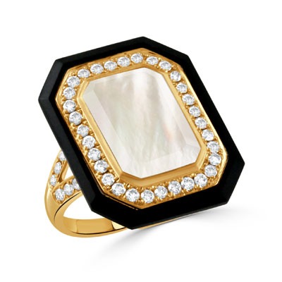 DOVES Gatsby Mother of Pearl and Black Onyx with 3/5ctw Diamonds in 18k Yellow Gold Ring