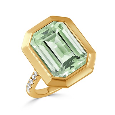 DOVES Mint Mojito Ring in 18K Yellow Gold with 1/4ctw Diamonds and Emerald-cut Green Amethyst