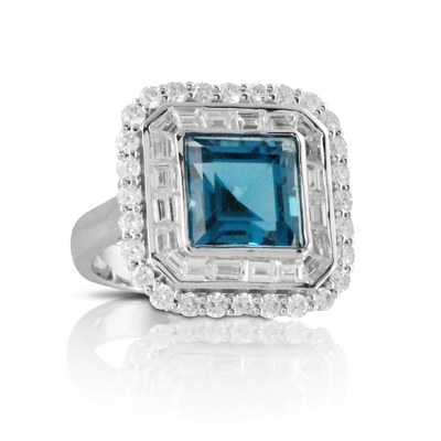 White Gold London Blue Topaz and Diamond Halo Ring l DOVES
