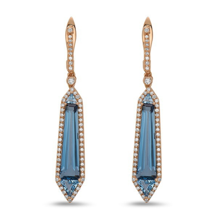 Rose Gold London Blue Topaz and Diamond Geometric Drop Earrings in 14k Rose Gold