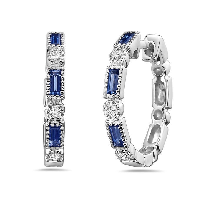 White Gold Sapphire and 1/5ctw Diamond Milgrain Bezel Hoop Earrings