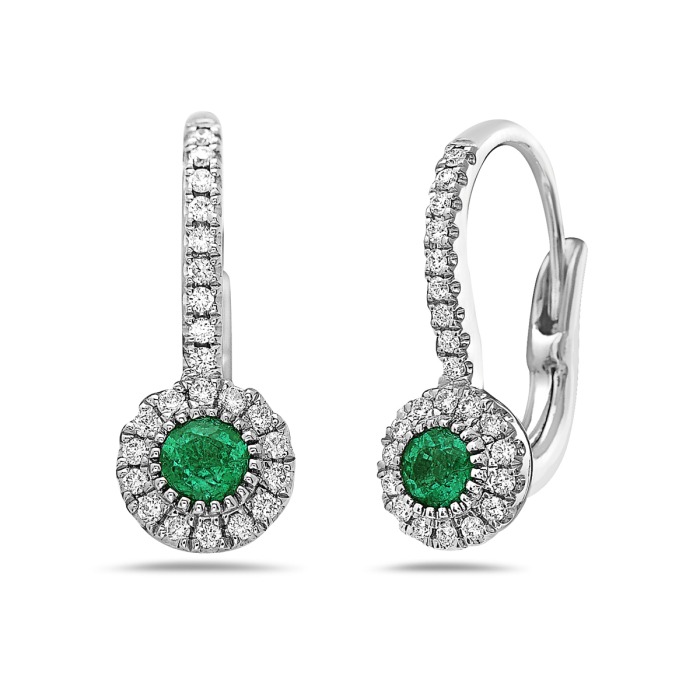 White Gold Emerald and 1/10ctw Diamond Halo Drop Earrings