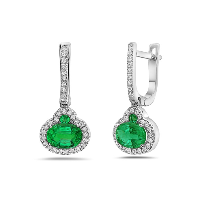 White Gold Emerald and 1/4ctw Diamond Halo Drop Earrings