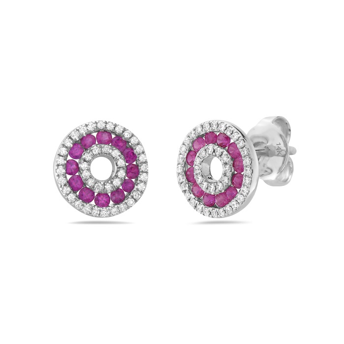 White Gold Ruby and 1/4ctw Diamond Halo Circle Stud Earrings