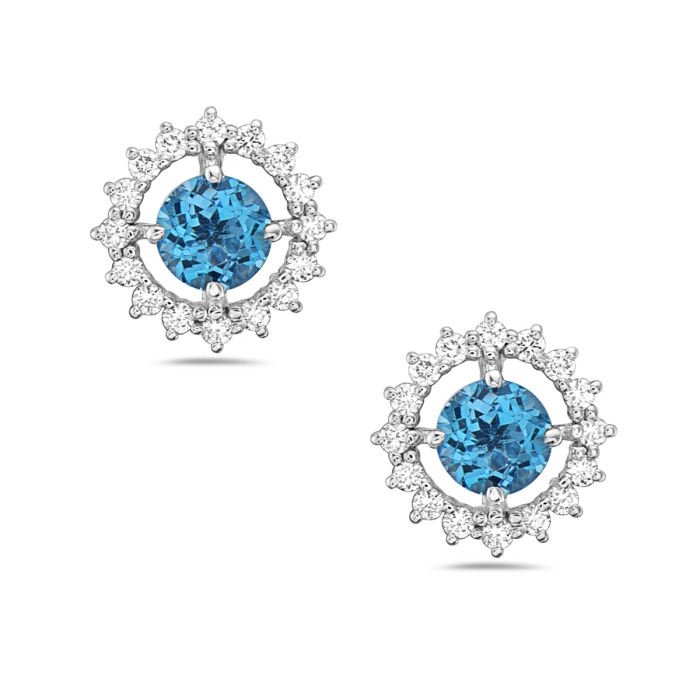 White Gold Blue Topaz and 1/3ctw Diamond Halo Stud Earrings