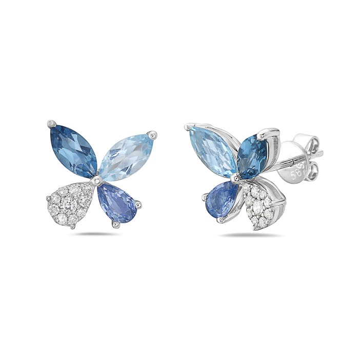White Gold 1/10ctw Diamond and Sapphire and Topaz Cluster Flower Earrings