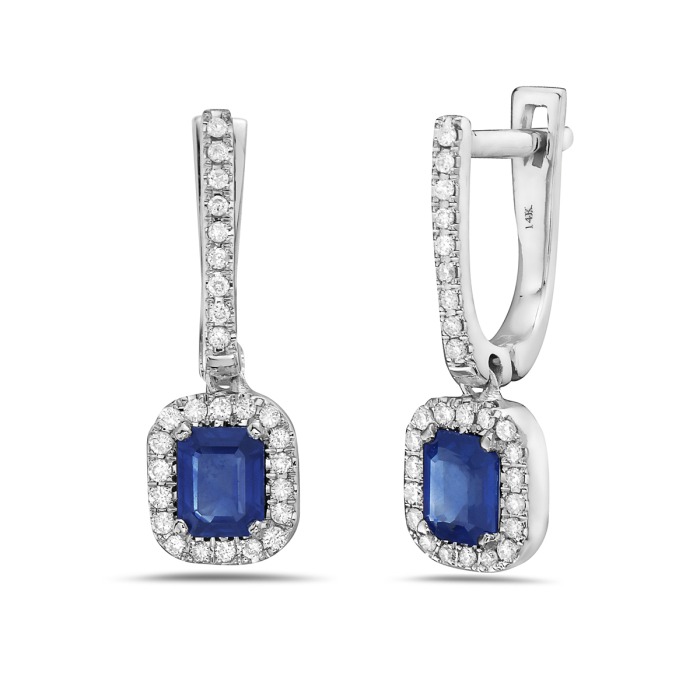 White Gold Sapphire and 1/5ctw Diamond Halo Drop Earrings