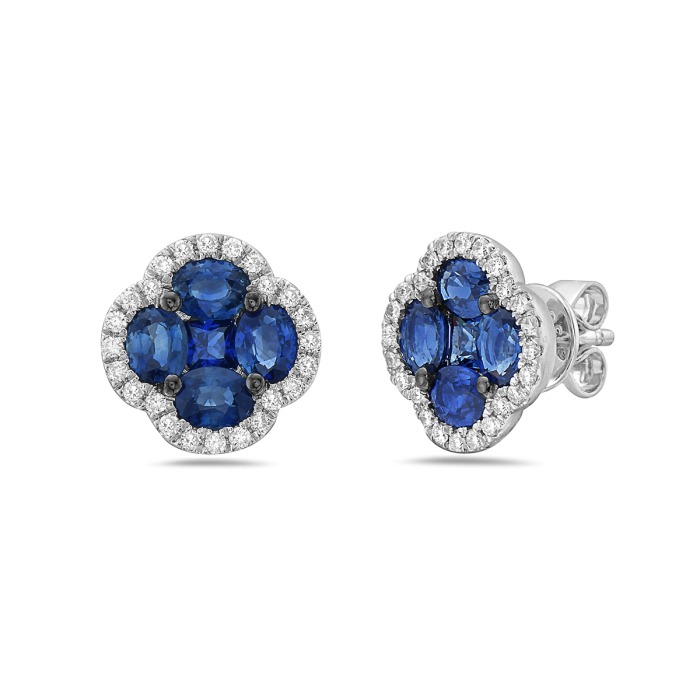 White Gold Sapphire and 1/10ctw Diamond Halo Floral Cluster Stud Earrings