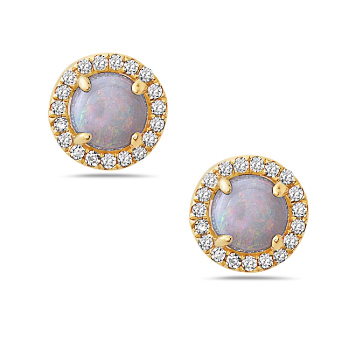 Yellow Gold Round Opal and 1/10ctw Diamond Halo Earrings Small