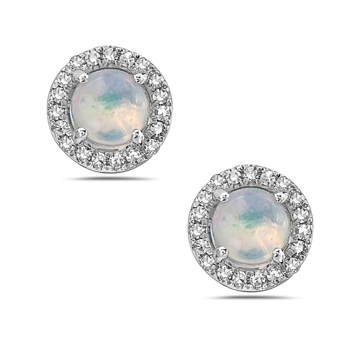 White Gold Opal and 1/10ctw Diamond Halo Earrings Small