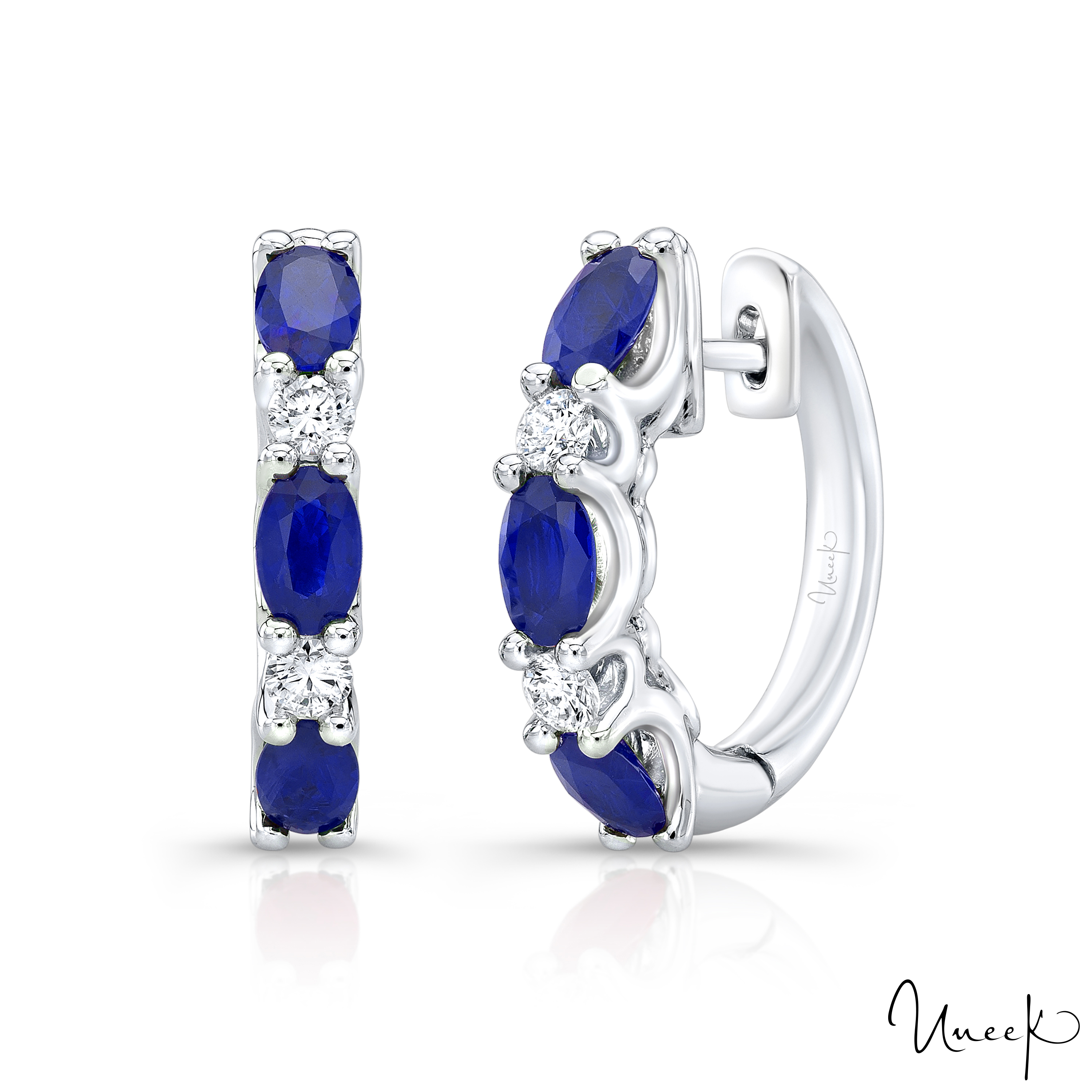 Blue Sapphire and Diamond White Gold Hoop Earrings 1/4ctw l Uneek