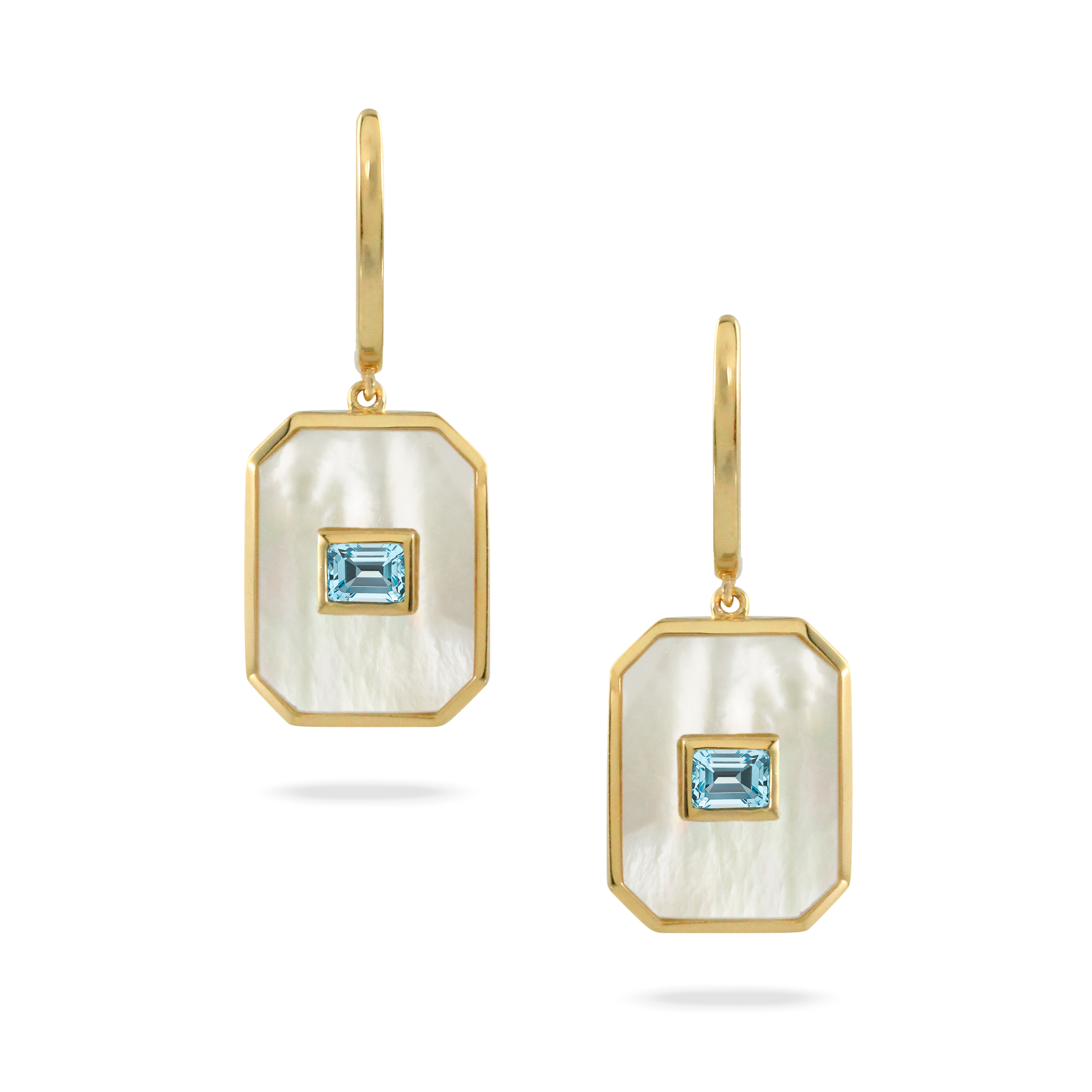 DOVES Sky Blue Topaz and Mother of Pearl Yellow Gold Dangle Earrings | Mykonos