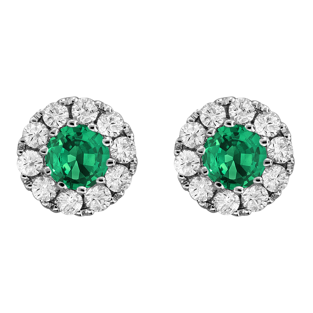 Emerald and 2/5ctw Diamond Halo White Gold Stud Earrings
